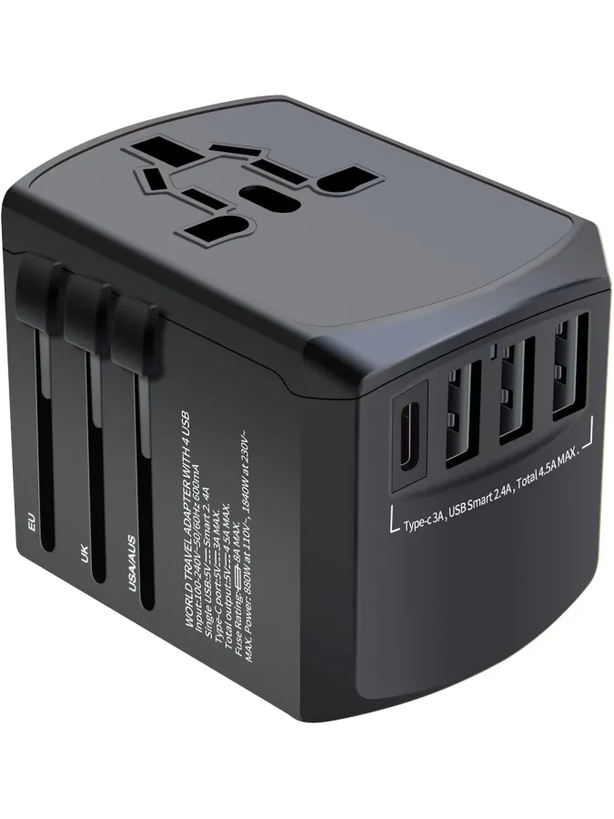 Universal Travel Adapter ( 4 USB Port ) 5V 4.5A - Black